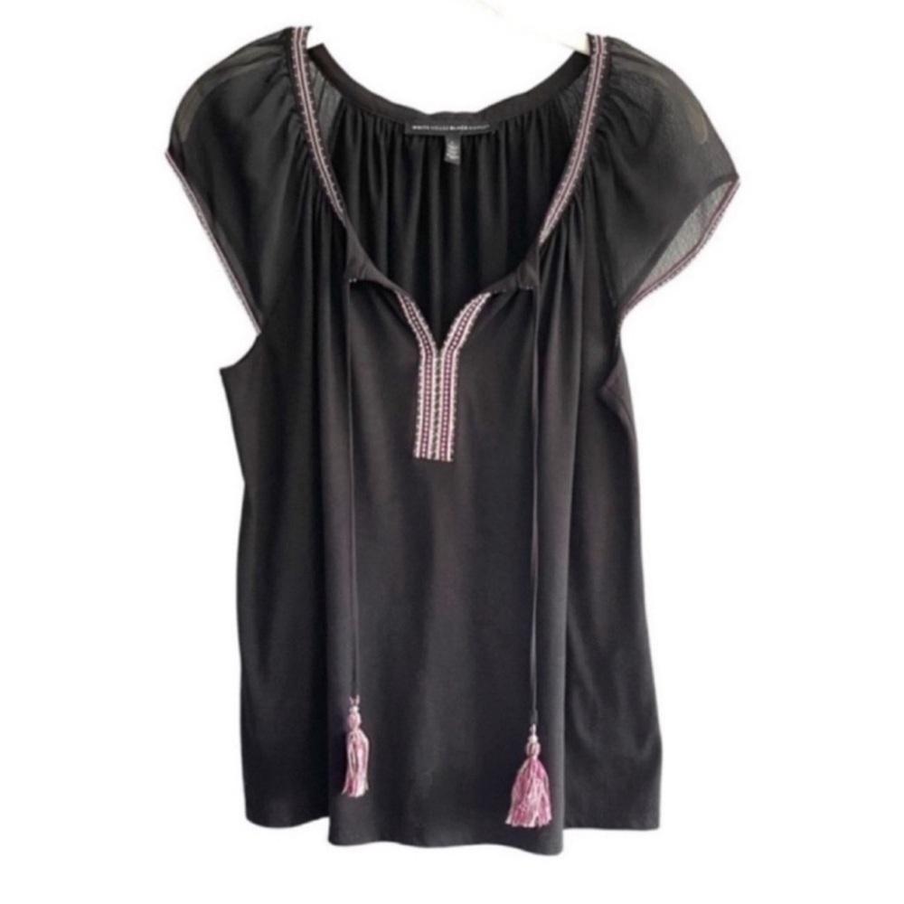 WHBM Embroidered Blouse Boho Flutter Sleeve Black Purple Size L